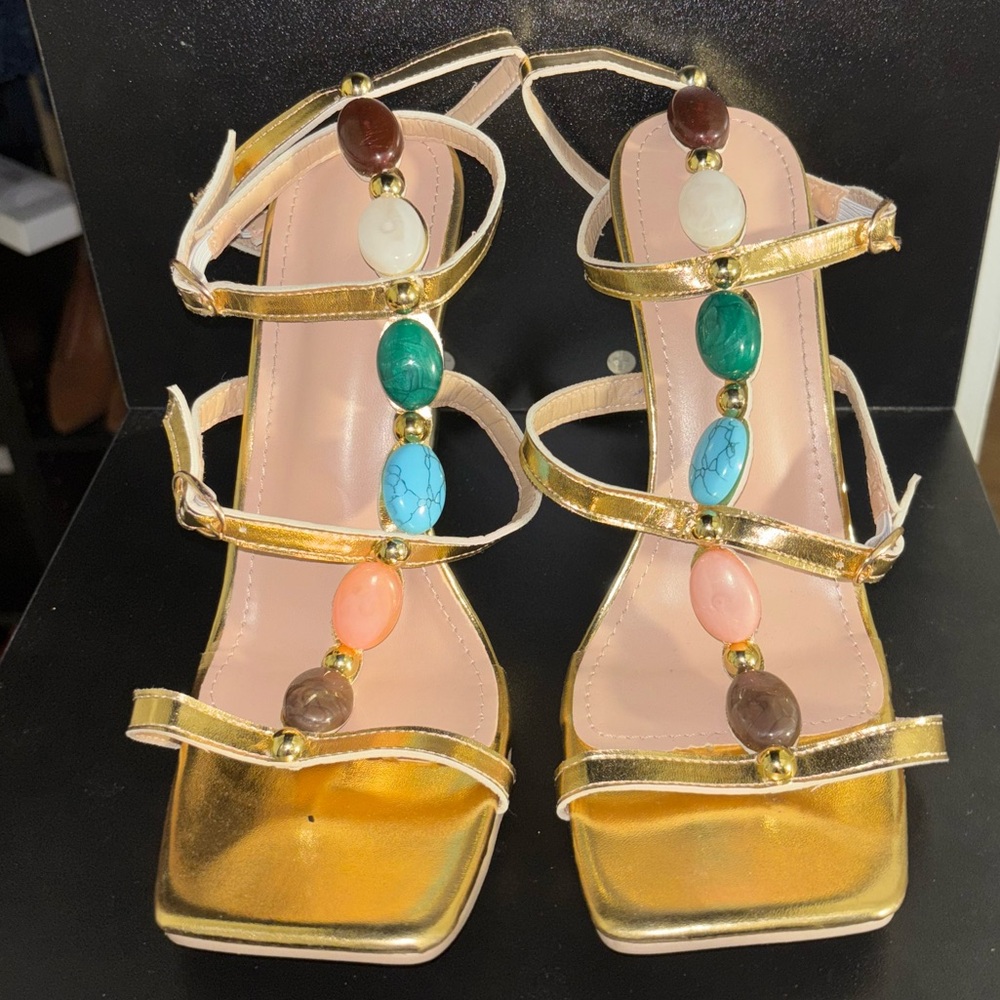 SHEIN Gold High Heels with Colorful Buckle Sandal Heels